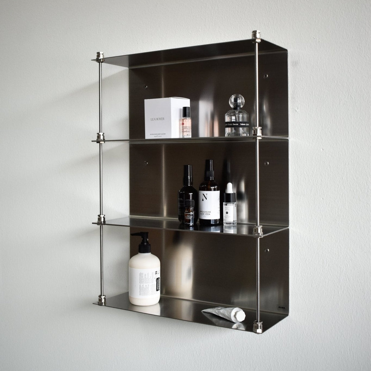 Steel shelving unit SIGTUNA in brushed stainless steel by Acier Studio